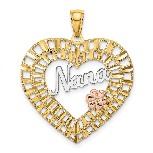 14k Two-tone w/White Rhodium NANA Heart w/Flowers Charm