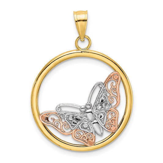 14k Two-tone w/White Rhodium Butterfly In Round Frame Charm