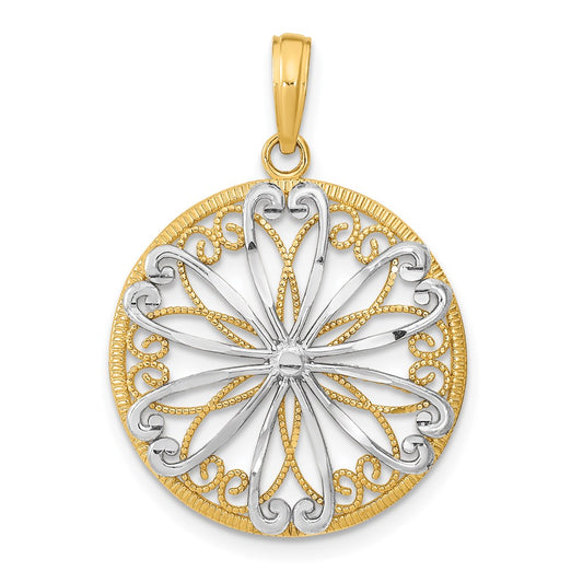 14K w/Rhodium Filigree Center Round Charm