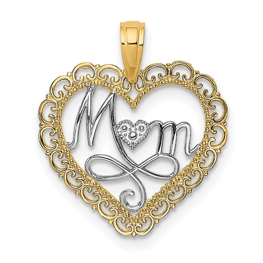 14k w/Rhodium Cut-Out MOM In Scallop Heart Charm