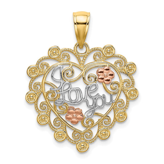14k Two-tone w/White Rhodium I LOVE YOU Filigree Heart Flower Charm