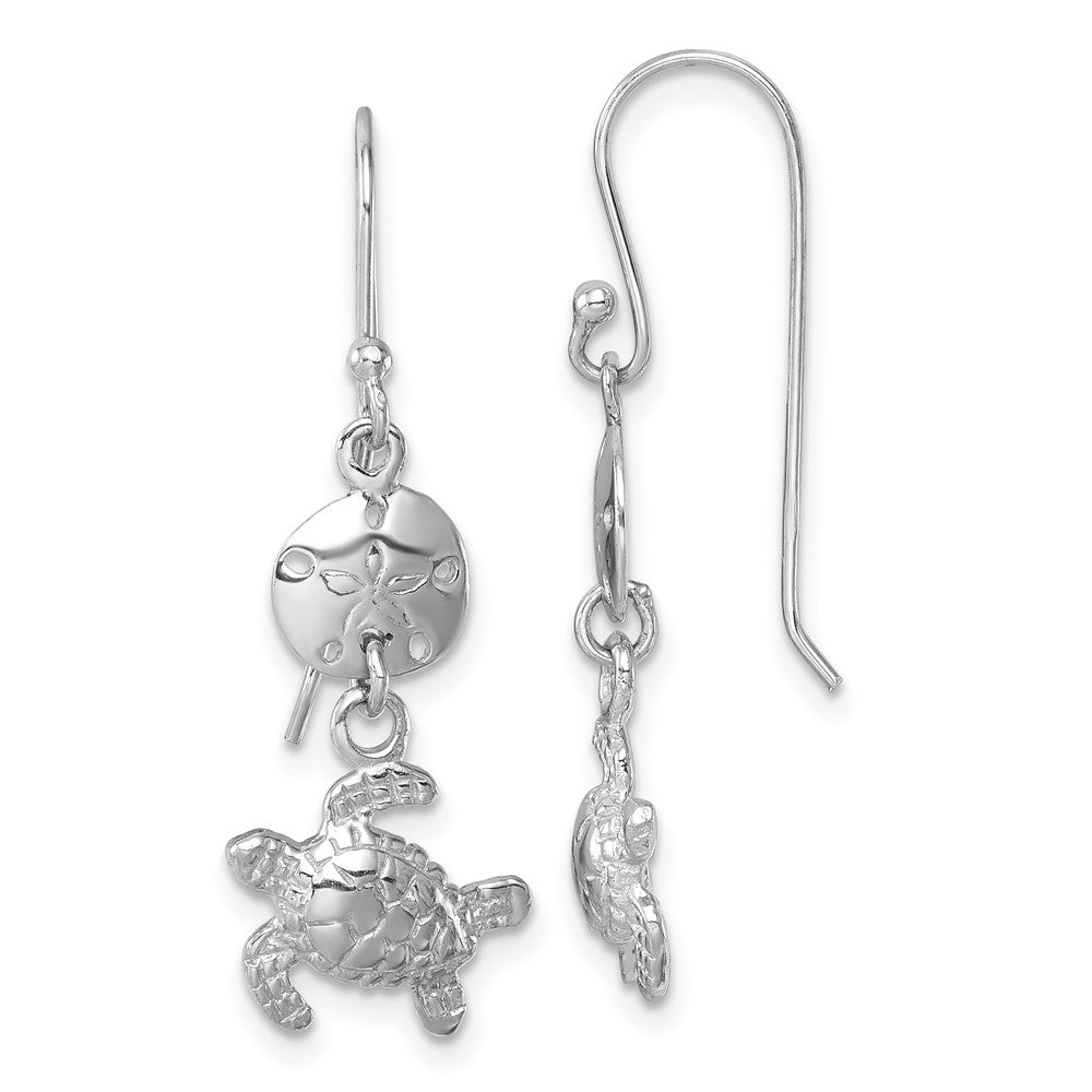 Sterling Silver Rhodium-plated Sand Dollar And Turtle Dangle Earring