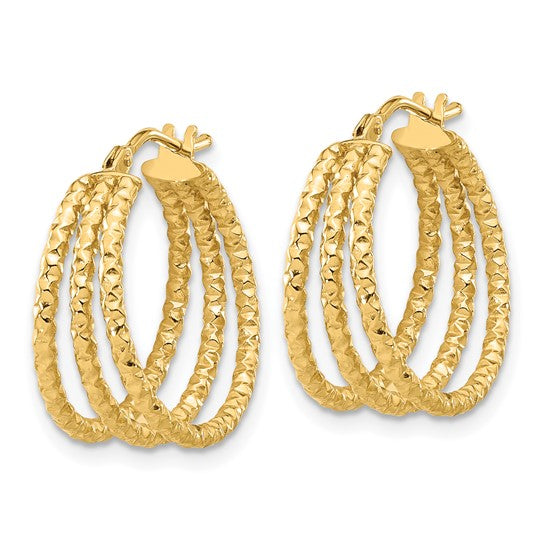 Leslie's 14K Polished and Textured Three Row Hoop Post Earrings