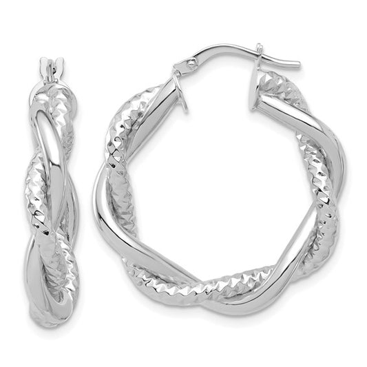 Leslie's 14K White Gold Polished and Textured Twisted Round Hoops