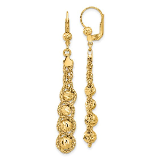 Leslie's 14K Polished Textured and Dia-cut Beaded Leverback Earrings