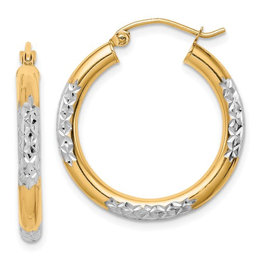 Leslie's 14k with Rhodium Diamond Cut 3mm Hoop Earrings