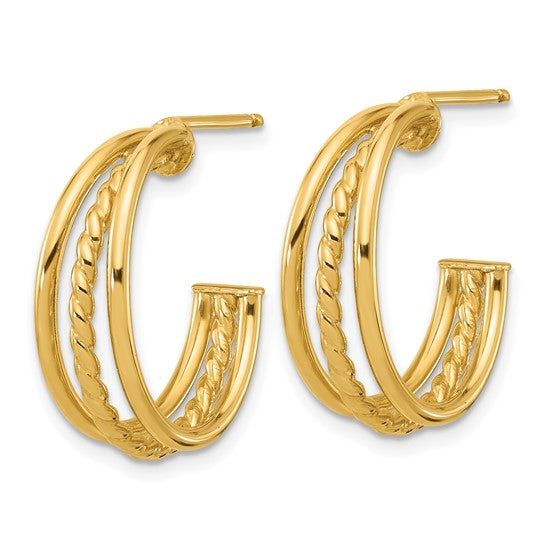 Leslie's 14K Polished and Textured 3-Row Round J-Hoop Post Earrings