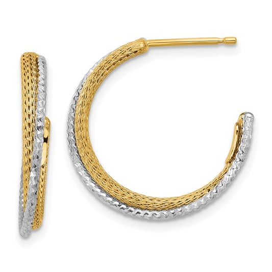 Leslie's 14K with Rhodium Polished/Textured/Dia-cut J-Hoop Earrings