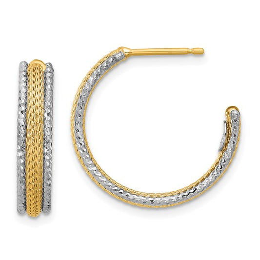 Leslie's 14K with Rhodium Polished/Textured/Dia-cut J-Hoop Earrings