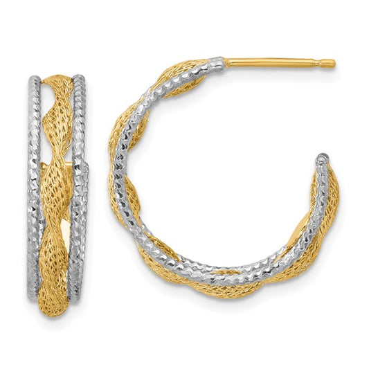 Leslie's 14K with Rhodium Polished/Textured/Dia-cut Twist J-Hoop Earrings