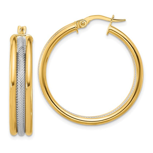 Leslie's 14k with White Rhodium Polished and Textured Triple Hoop Earrings