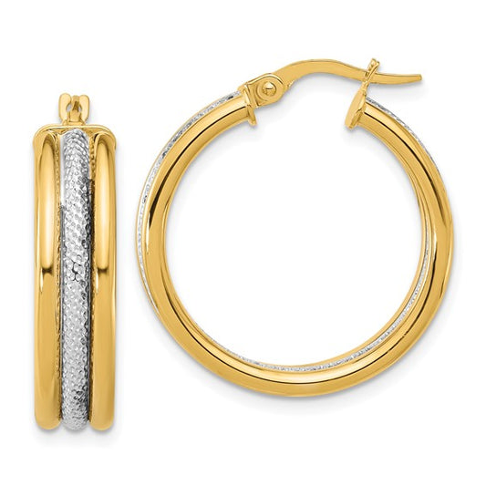 Leslie's 14k with White Rhodium Polished and Textured Triple Hoop Earrings