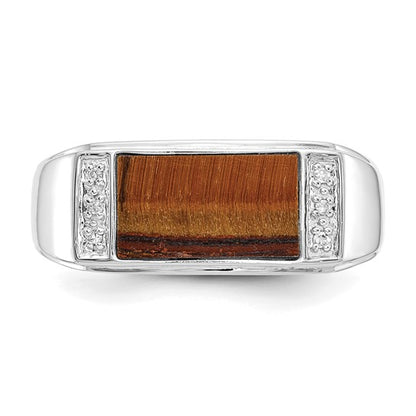 14k White Gold Polished Tigers Eye and A Quality Diamond Mens Ring