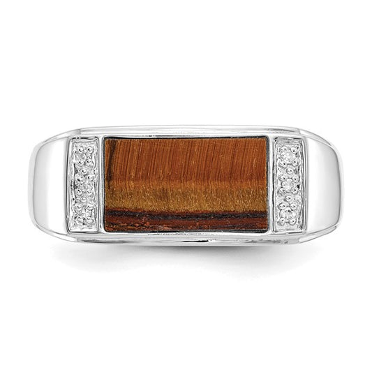 14k White Gold Polished Tigers Eye and A Quality Diamond Mens Ring