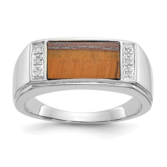14k White Gold Polished Tigers Eye and A Quality Diamond Mens Ring