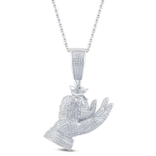 10K SOLID WHITE GOLD 1.25 CARAT REAL DIAMOND 1.50 INCHES HAND MONEY BAG PENDANT WITH CHAIN