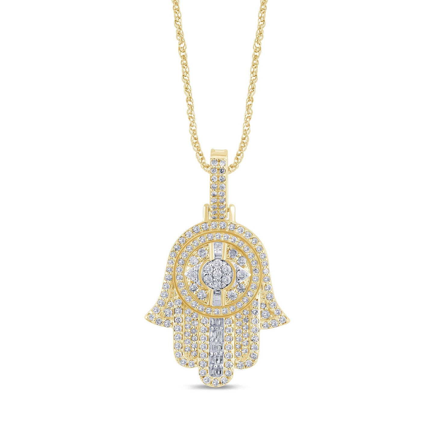 10K YELLOW GOLD 1.10 CARAT REAL DIAMOND 1.50 INCHES HAMSA HAND PENDANT CHARM