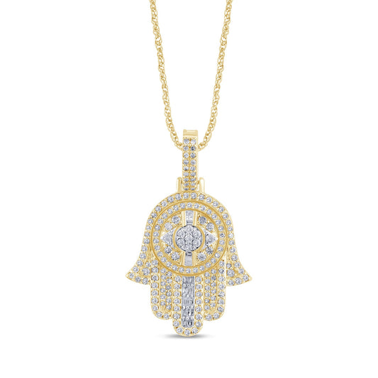 10K YELLOW GOLD 1.10 CARAT REAL DIAMOND 1.50 INCHES HAMSA HAND PENDANT CHARM