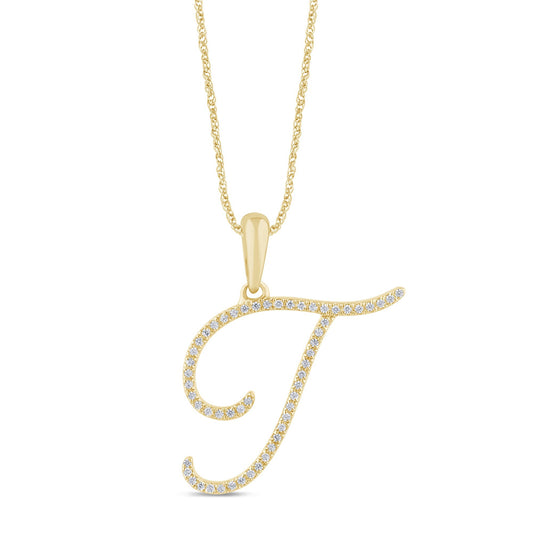 10K YELLOW GOLD .20 CARAT NATURAL DIAMOND 1 INCH LETTER T INITIAL PENDANT NECKLACE WITH GOLD CHAIN