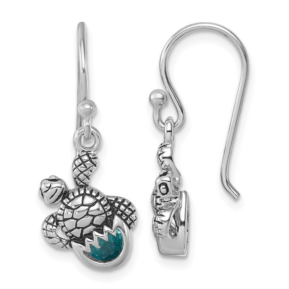 Sterling Silver Rhodium-Plated Blue Crystal Hatching Turtle Dangle Earrings