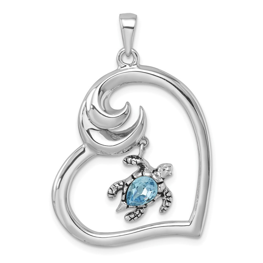 Sterling Silver Rhodium-Plated Crystal Turtle Heart with Wave Pendant
