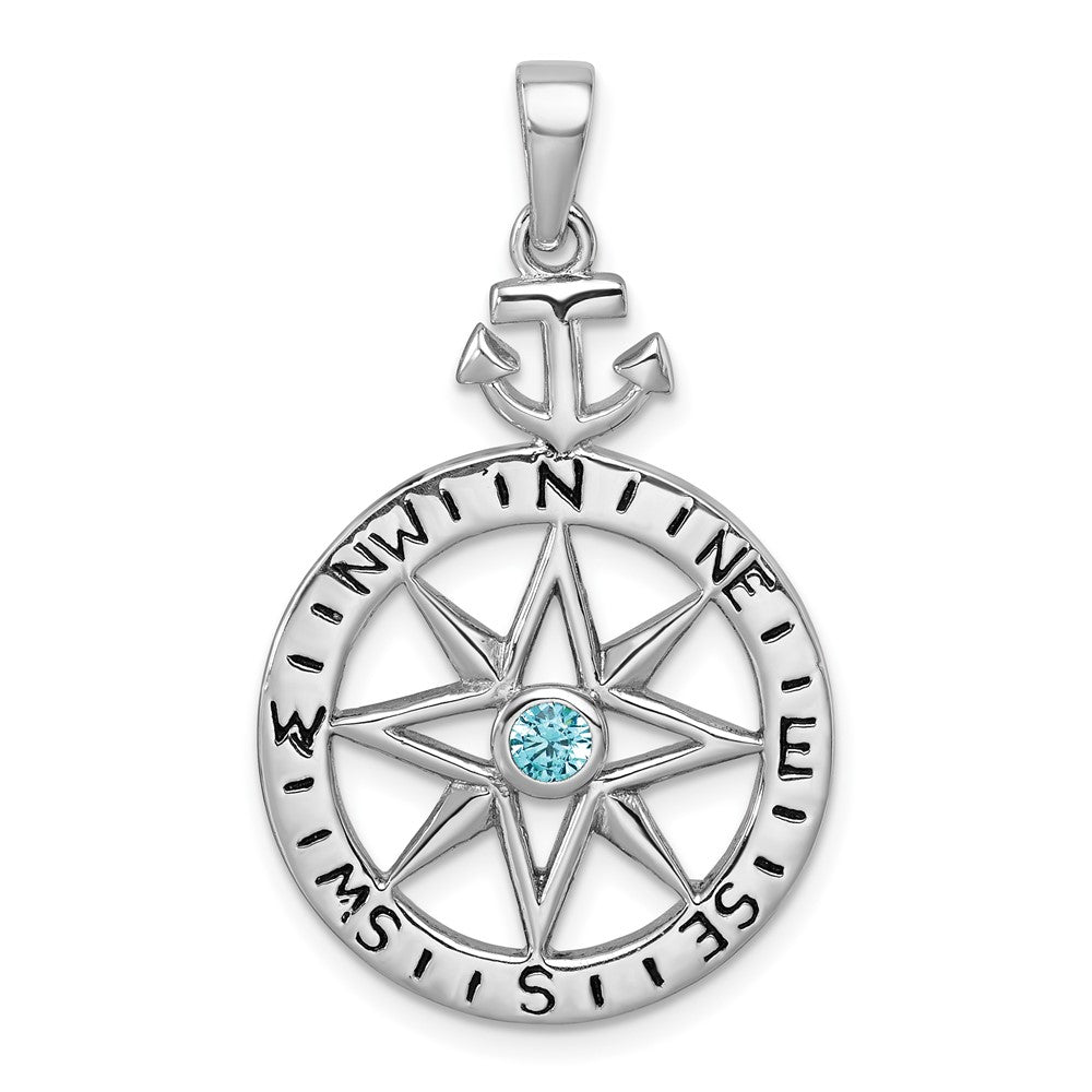 Sterling Silver RH-Plated Blue CZ Compass Rose with Small Anchor Pendant