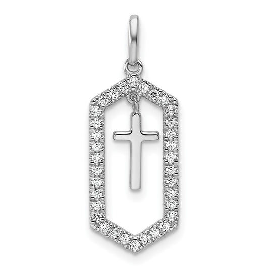 14K White Gold Polished Diamond Framed Dangle Cross Pendant