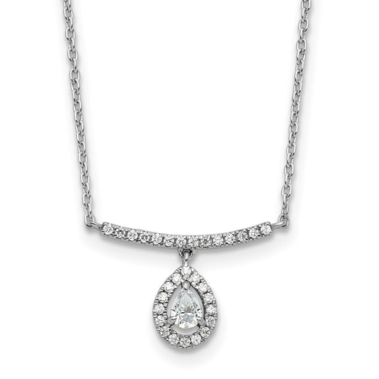 14K White Gold Polished Diamond Bar w/Dangle Pear Necklace