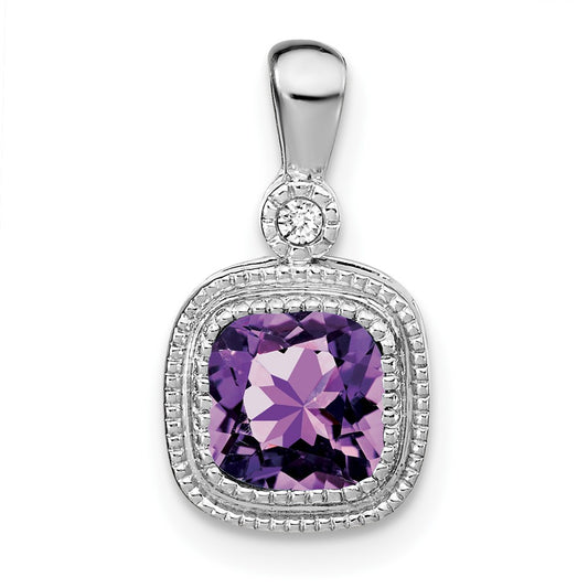 14k White Gold Cushion Amethyst and Diamond Pendant