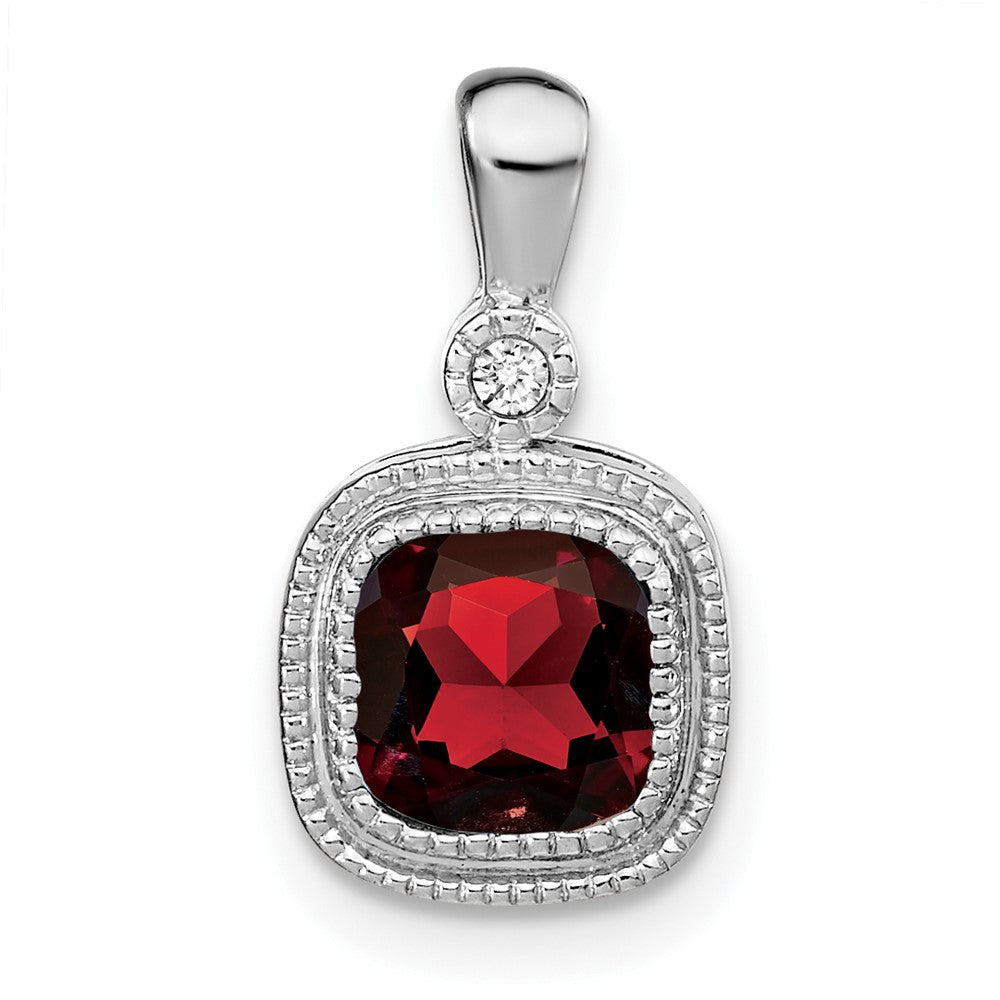 14k White Gold Cushion Garnet and Diamond Pendant