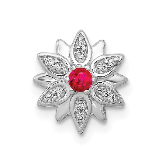 14k White Gold 1/20ct. Diamond and Ruby Flower Chain Slide