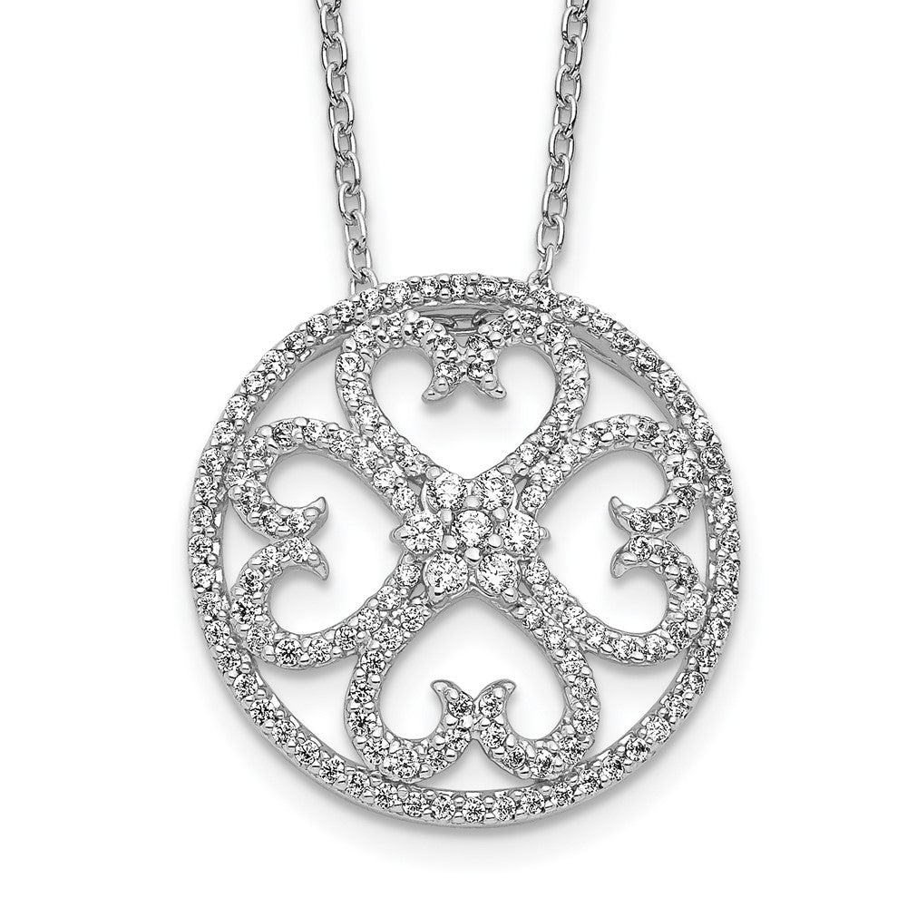 14k White Gold Diamond Vintage Hearts Pendant Necklace