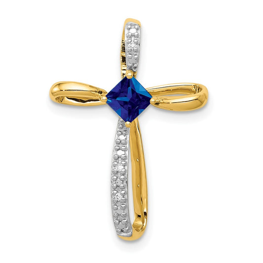 14k w/Rhodium Lab Created Sapphire and Diamond Cross Slide