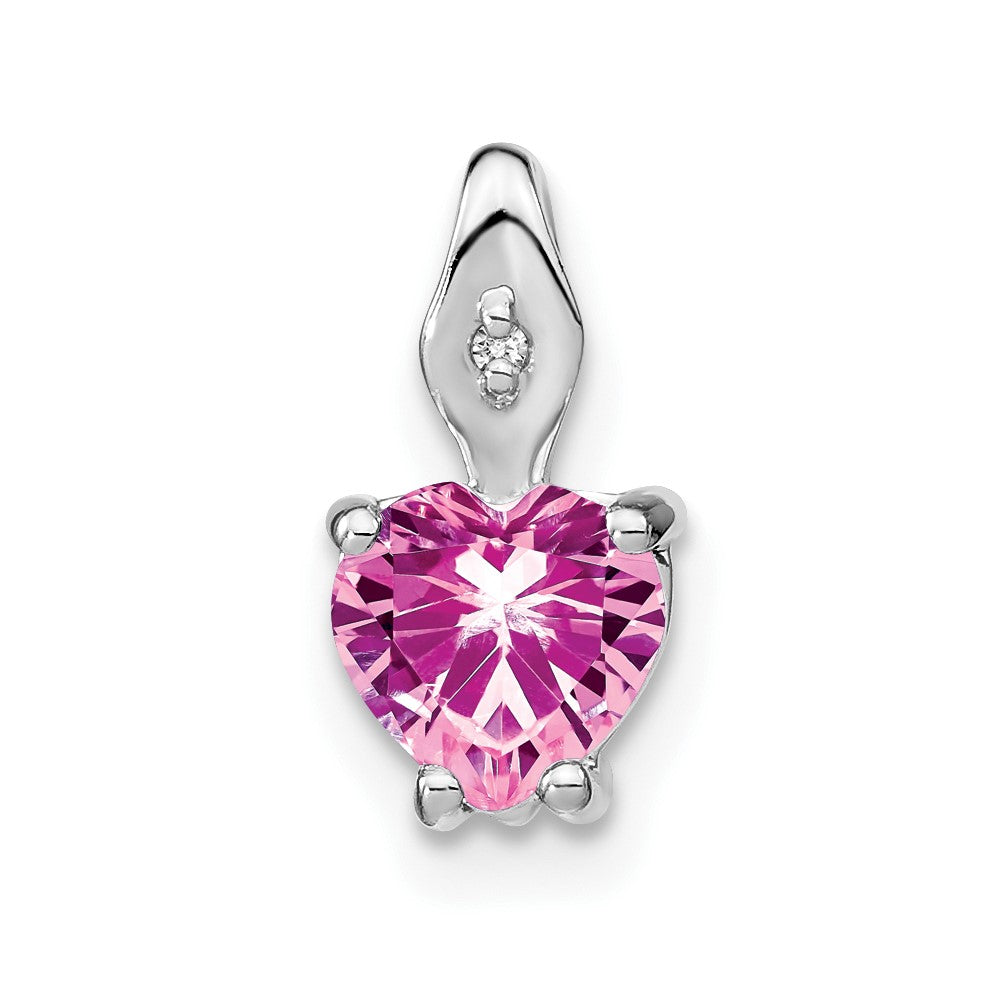 14k White Gold Heart Created Pink Sapphire and Diamond Pendant