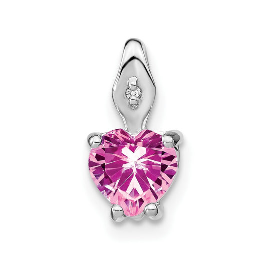 14k White Gold Heart Created Pink Sapphire and Diamond Pendant
