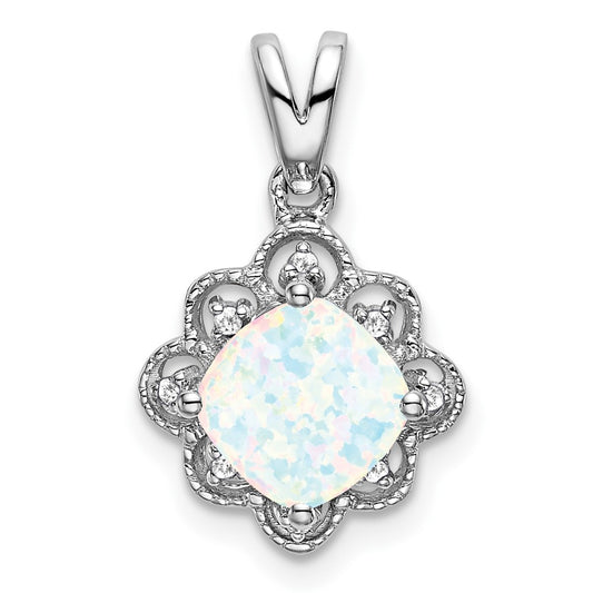 14k White Gold Created Opal and Diamond Scalloped Pendant