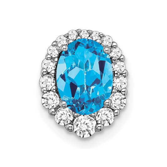 14k White Gold Oval Blue Topaz and Diamond Halo Chain Slide