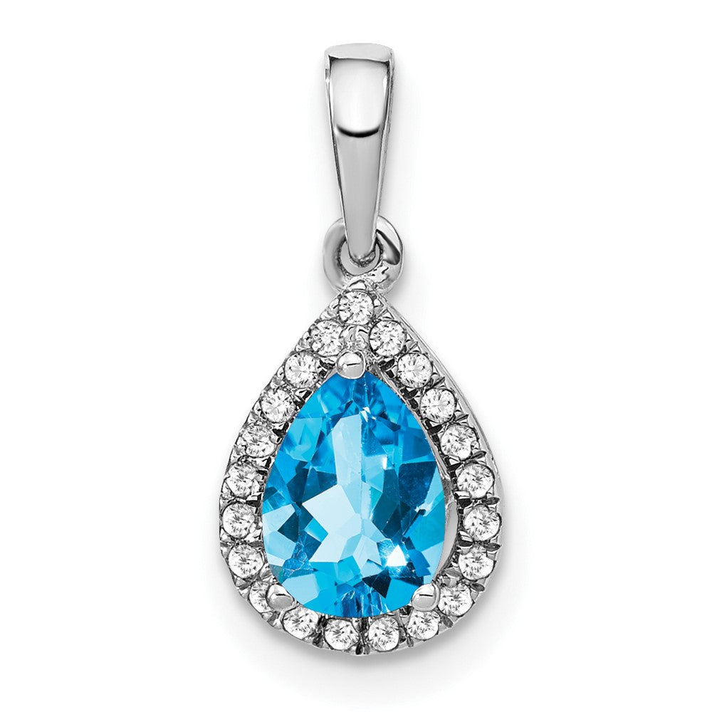 14k White Gold Pear Blue Topaz and Diamond Halo Pendant