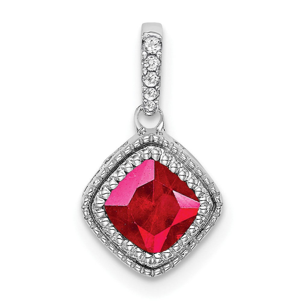 14k White Gold Cushion Ruby and Diamond Pendant