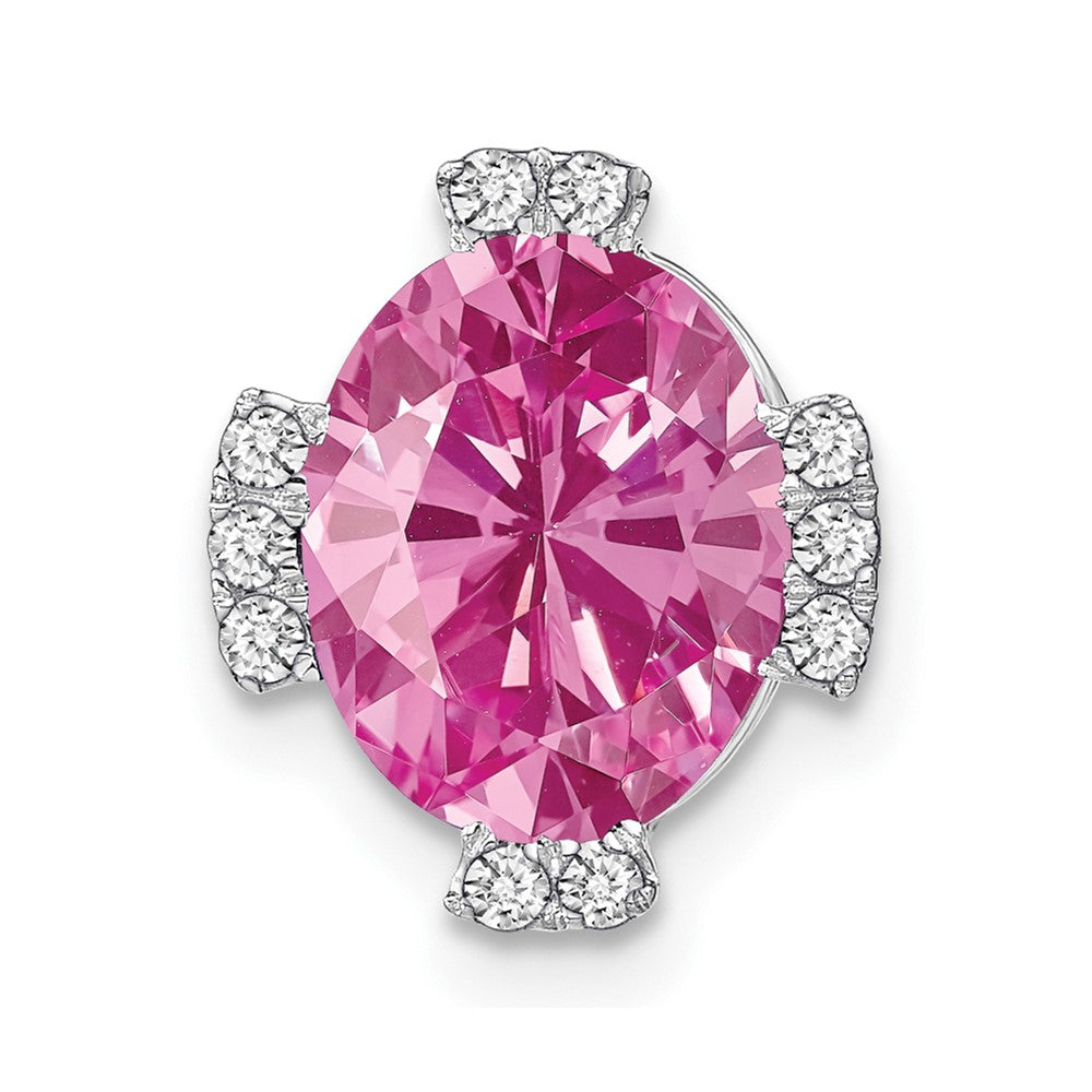 14k White Gold Oval Created Pink Sapphire and Diamond Chain Slide