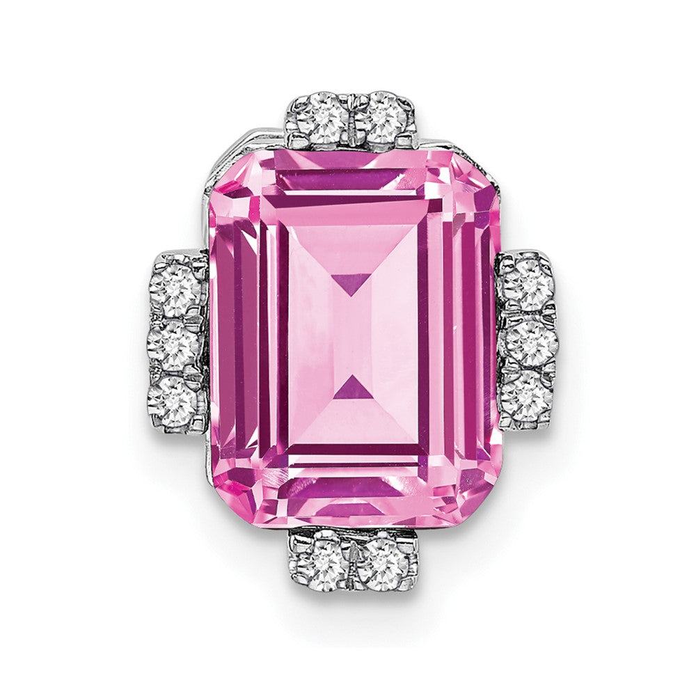 14k White Gold Octagon Created Pink Sapphire/Diamond Chain Slide