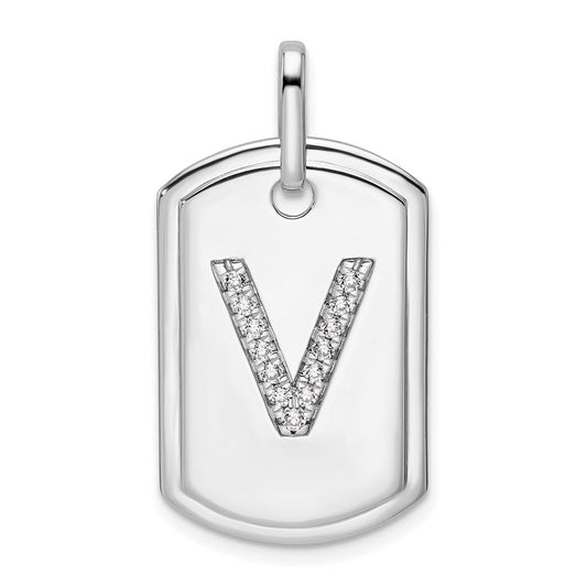14K White Gold Diamond Initial V Dog Tag Charm