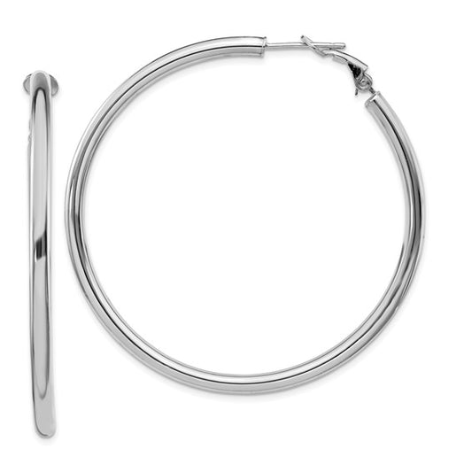 14k White Gold 3x45mm Polished Round Omega Back Hoop Earrings