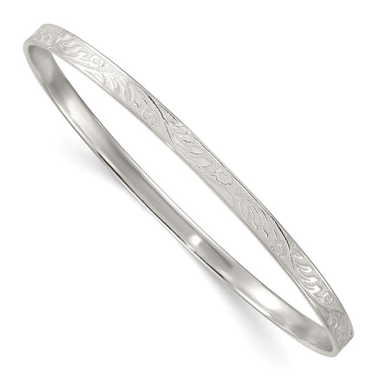Sterling Silver Polished Flat Textured 4.0mm Floral Pattern Slip On Bangle