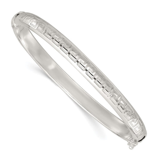 Sterling Silver Polished and Textured Greek Key Hinged Bangle