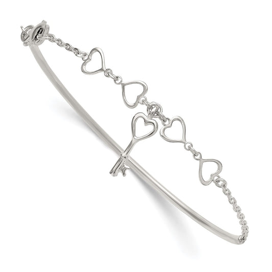 Sterling Silver Polished Heart and Key Bangle Bracelet