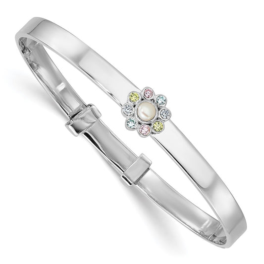 Sterling Silver Rh-pl CZ & FWC Pearl Children's Expandable Bangle