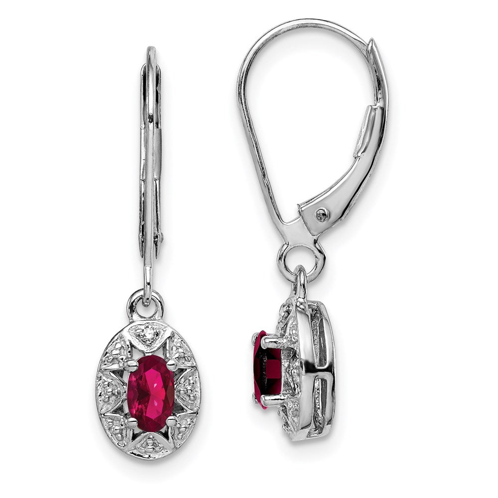 Sterling Silver Rhodium Plated Diamond and Created Ruby Leverback Earrings