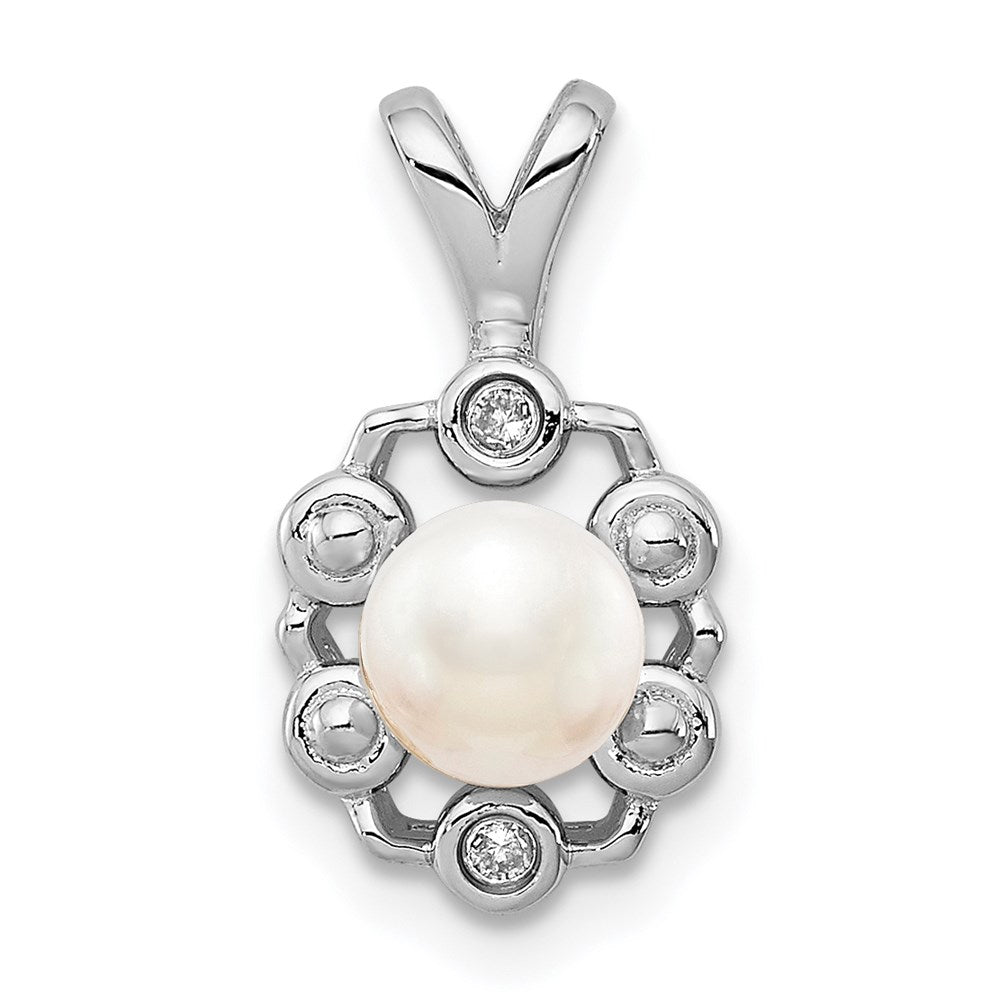 Sterling Silver Rhodium-plated FW Cultured Pearl & Diam. Pendant
