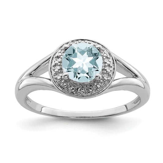 Sterling Silver Rhodium-plated Diam. & Aquamarine Ring